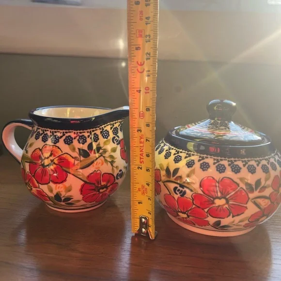 Authentic Handmade Polish Pottery UNIKAT Sugar Bowl with Lid & Matching Creamer - Picture 7 of 7